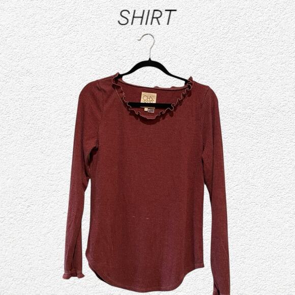 Chaser  Women's Maroon Ruffle Neckline Long Sleeve Size Large - Picture 1 of 10